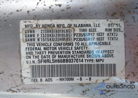 2011 Honda Odyssey Ex-L from USA, damaged, VIN 5FNRL5H66BB037014